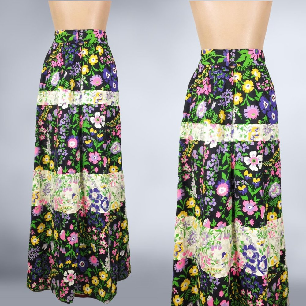 VINTAGE 70s Botanical Black & White Color Block Maxi Skirt with Sequins 27" Wais - Picture 5 of 8